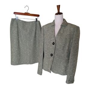 Vintage Carlisle Pale Green Tweed Jacket Skirt Set Size 14 Cotton Silk Blend